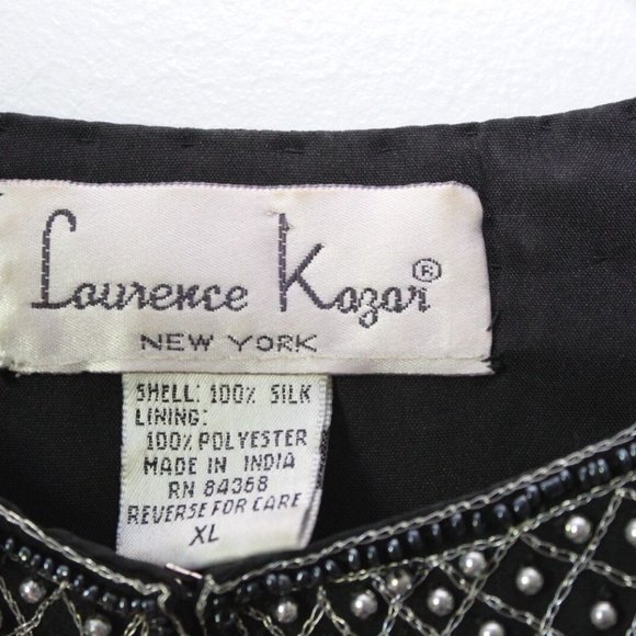 Vintage Laurence Kazar Silk Beaded Embroidered Blazer Jacket Black XL H13428 - Picture 4 of 12